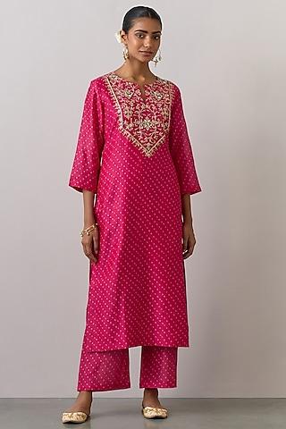 pink chanderi printed & embroidered kurta set