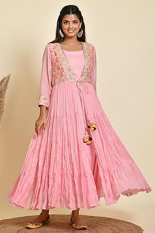 pink chanderi printed & embroidered tiered dress
