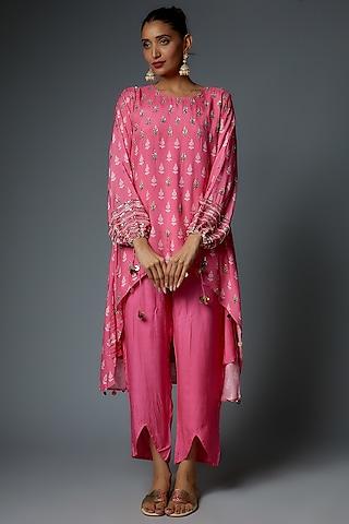 pink chanderi printed & embroidered tunic set