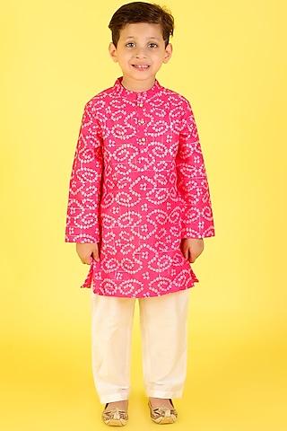 pink chanderi printed kurta set for boys