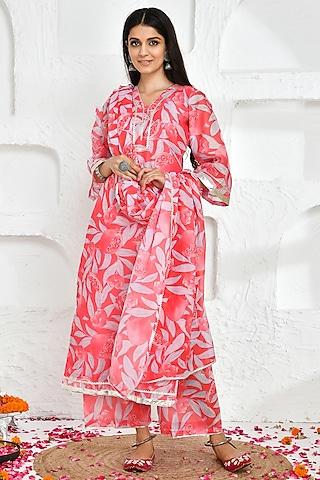 pink chanderi printed kurta set