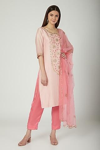pink chanderi sequins hand embroidered kurta set for girls