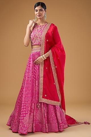 pink chanderi silk & organza silk bandhej printed lehenga set