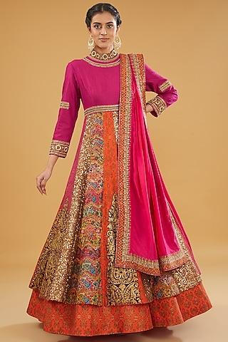 pink chanderi silk anarkali set