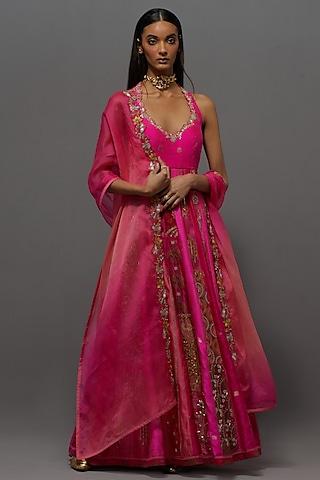 pink chanderi silk embroidered kalidar anarkali set