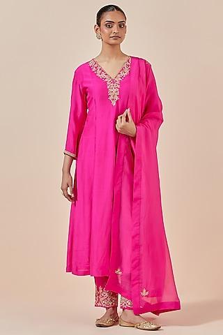 pink chanderi silk embroidered kurta set