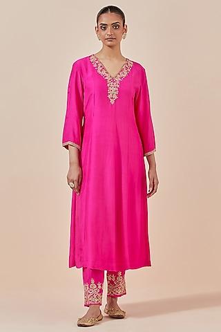 pink chanderi silk embroidered kurta set