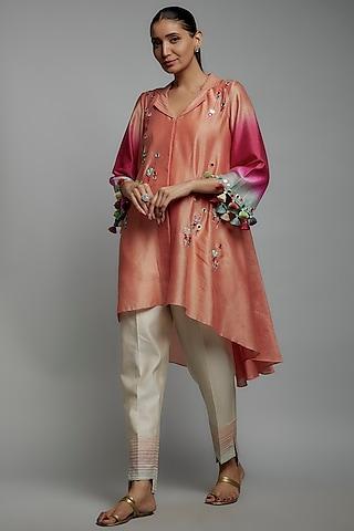 pink chanderi silk hand embroidered tunic set