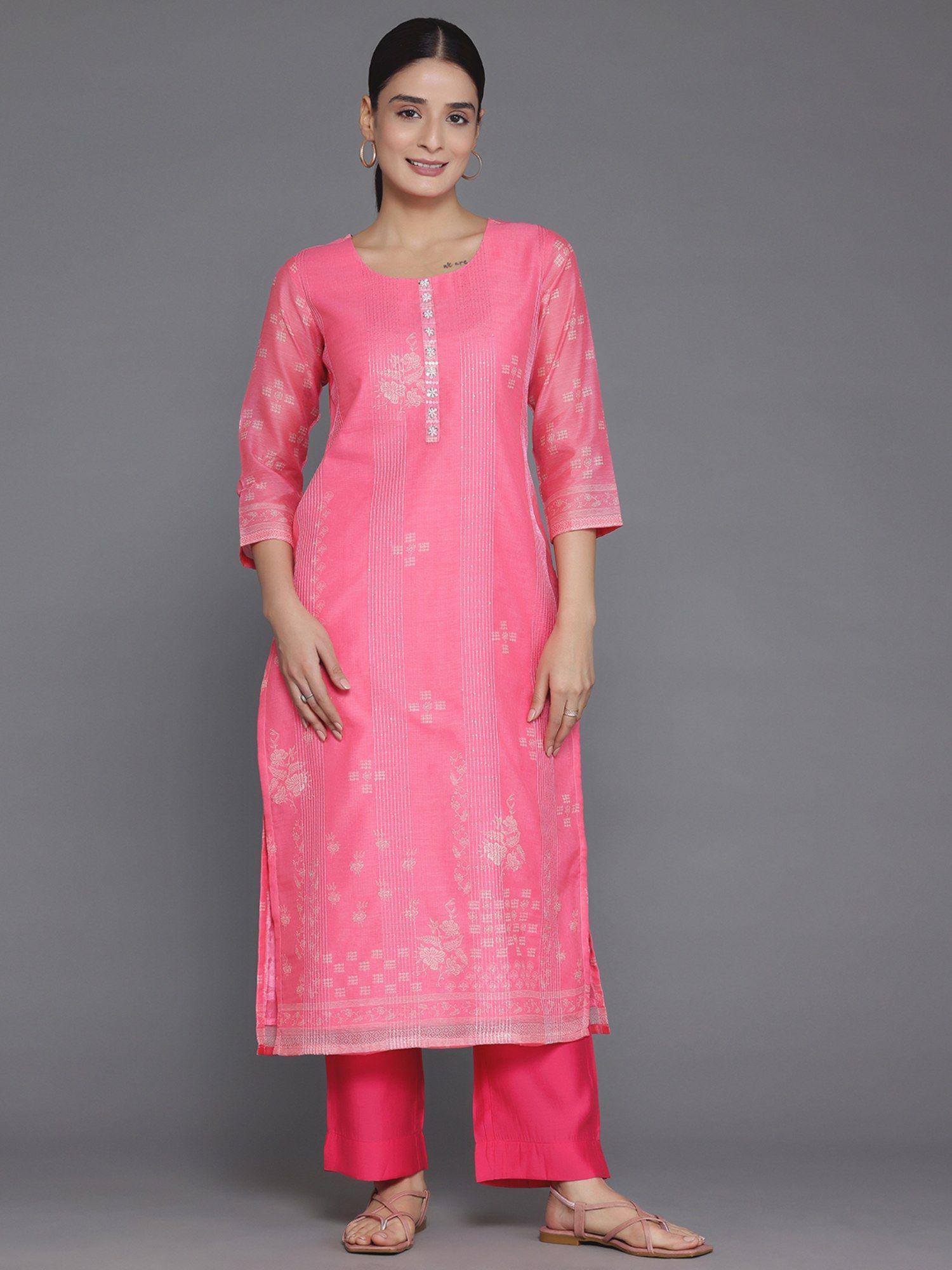 pink chanderi silk hand work yoke design kurta with lining
