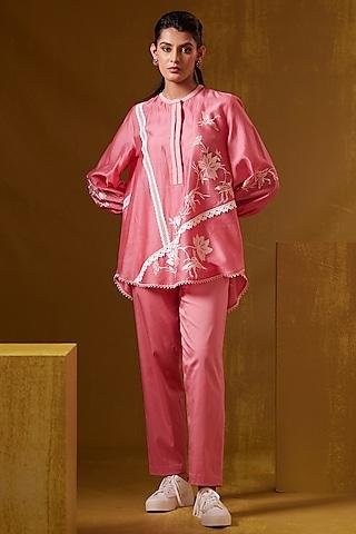 pink chanderi silk motif embroidered top