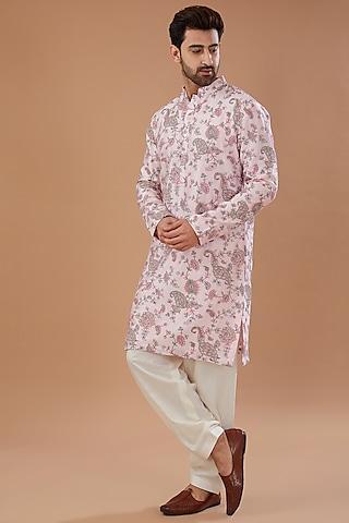pink chanderi silk thread embroidered kurta set