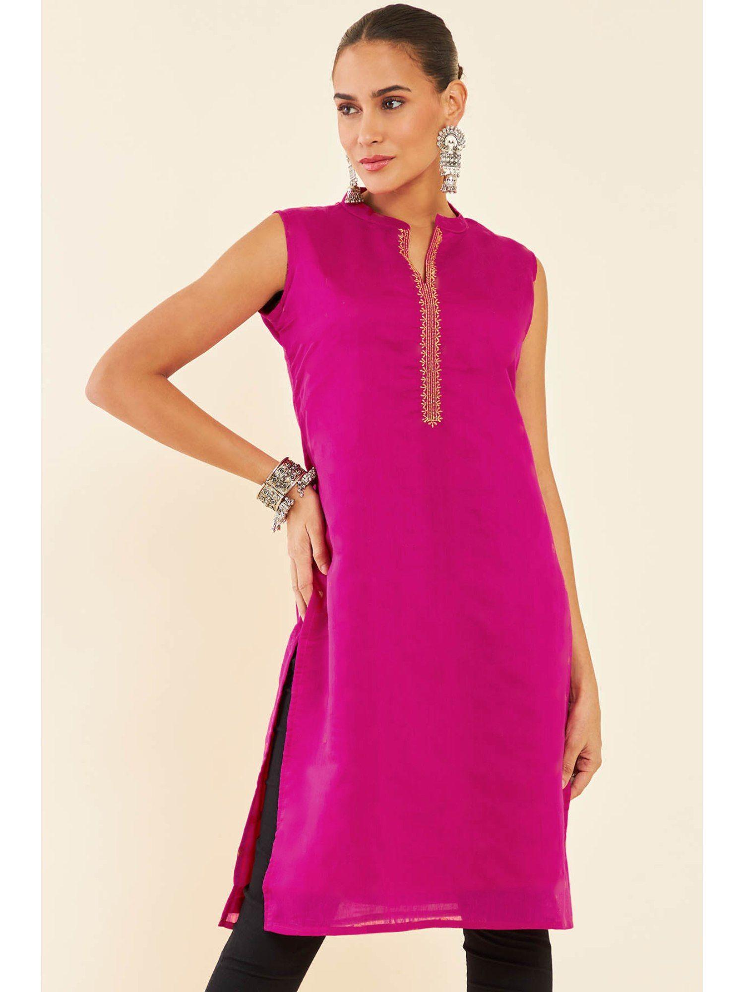 pink chanderi sleeveless kurta with embroidery