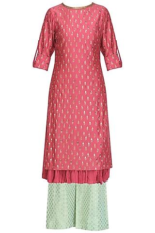 pink chanderi straight kurta and aqua palazzo pants set