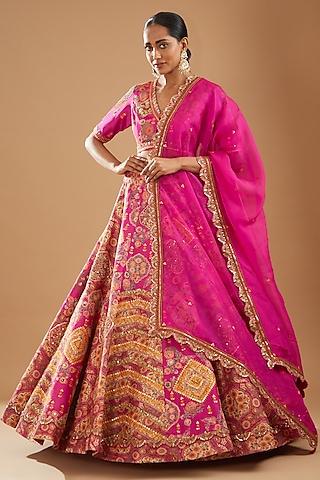 pink chanderi thread embroidered lehenga set