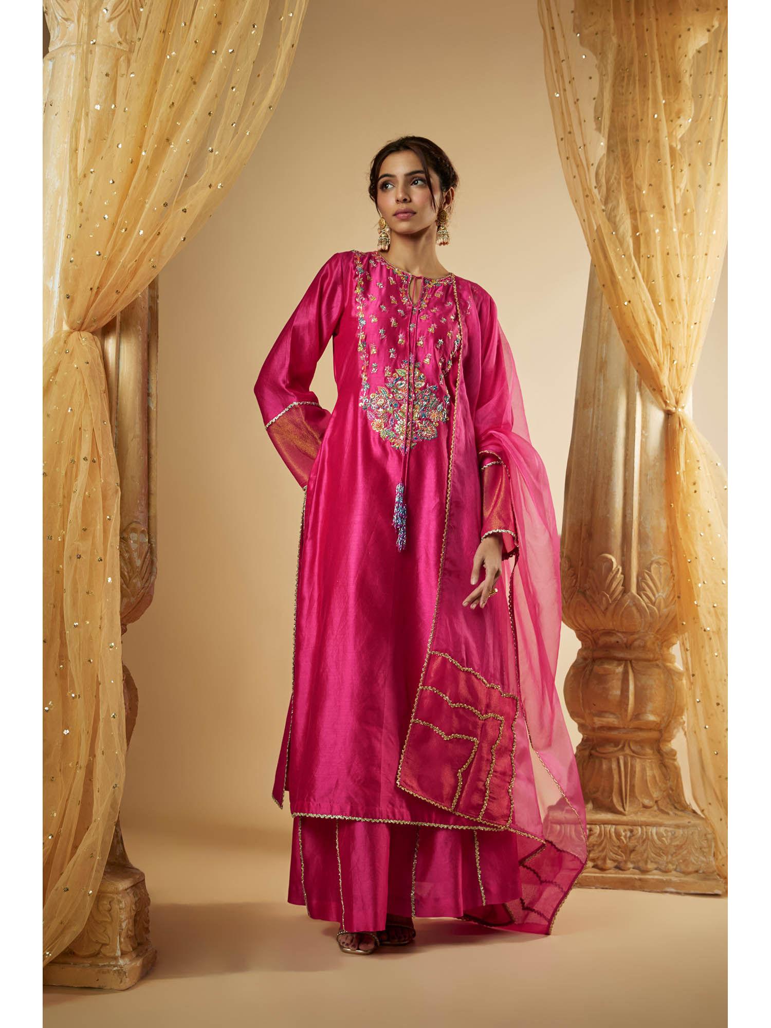 pink chanderi zardozi embroidered kurta with palazzo and dupatta (set of 3)