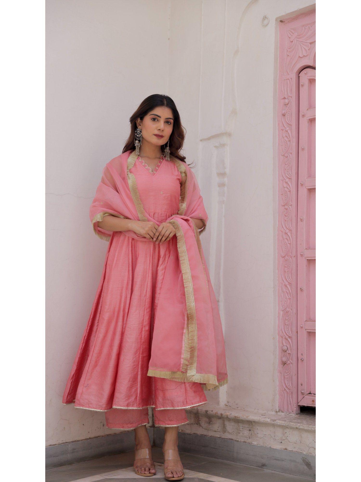 pink chanderi zari work anarkali with organza dupatta (set of 3)