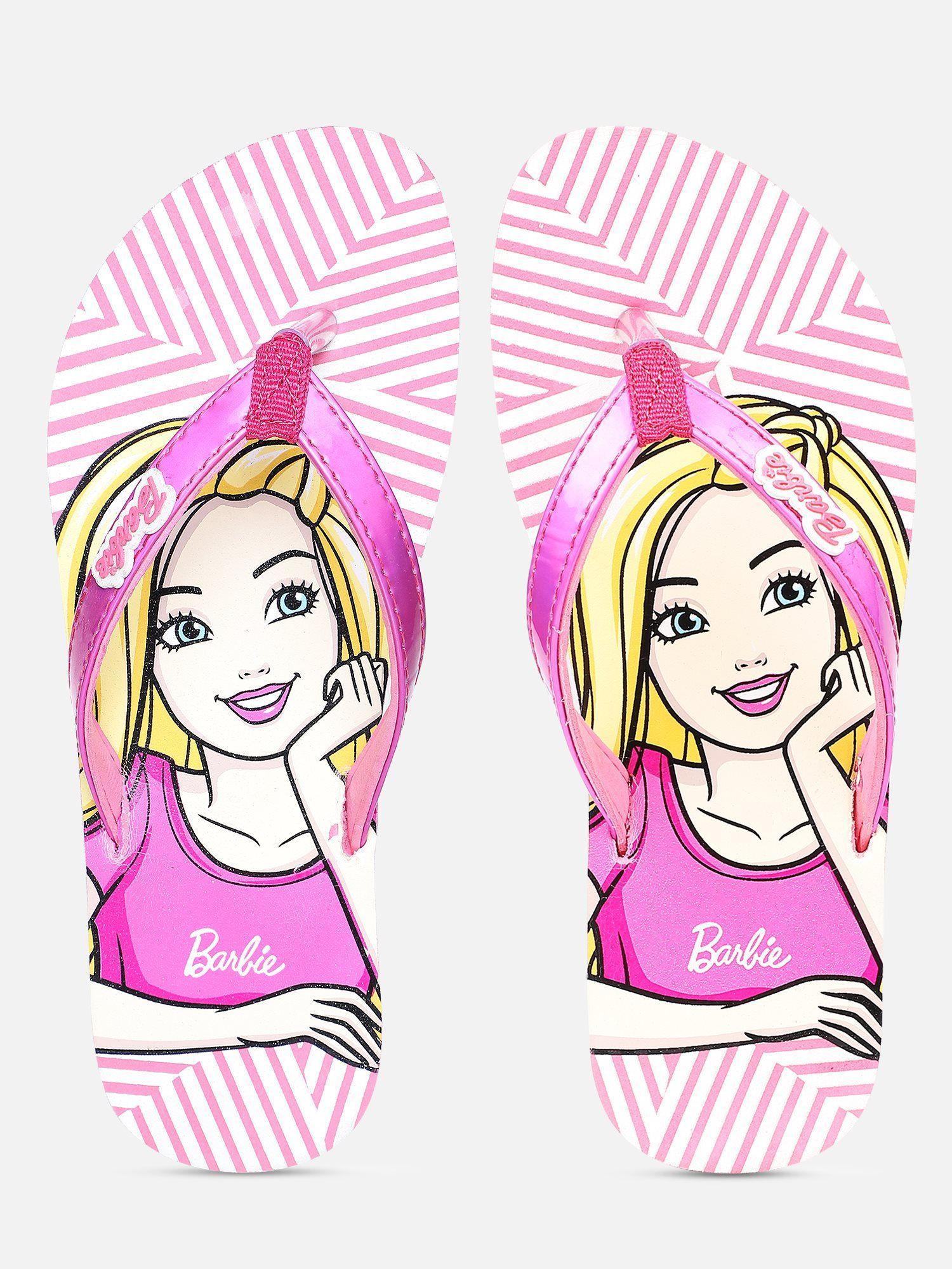 pink character printed flipflops