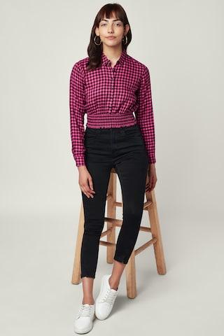 pink check casual full sleeves regular collar women regular fit shirt