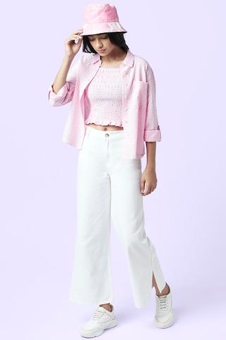 pink check casual full sleeves shirt collar girls regular fit top