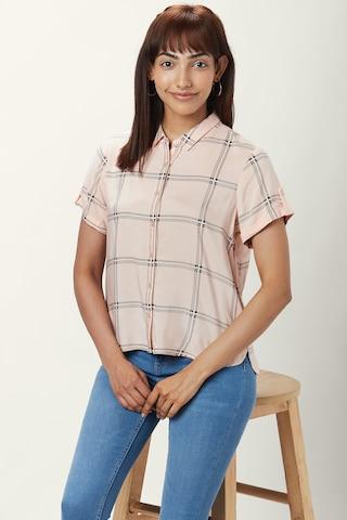 pink check casual half sleeves regular collar women regular fit top