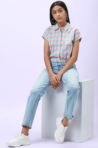 pink check casual short sleeves regular collar girls regular fit blouse