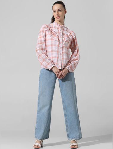 pink check frill-trim shirt