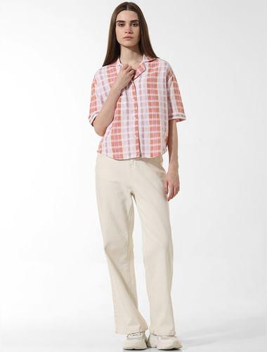 pink check print cotton shirt