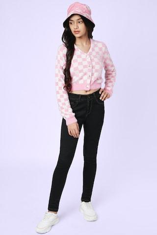 pink check winter wear full sleeves v neck girls regular fit sweater