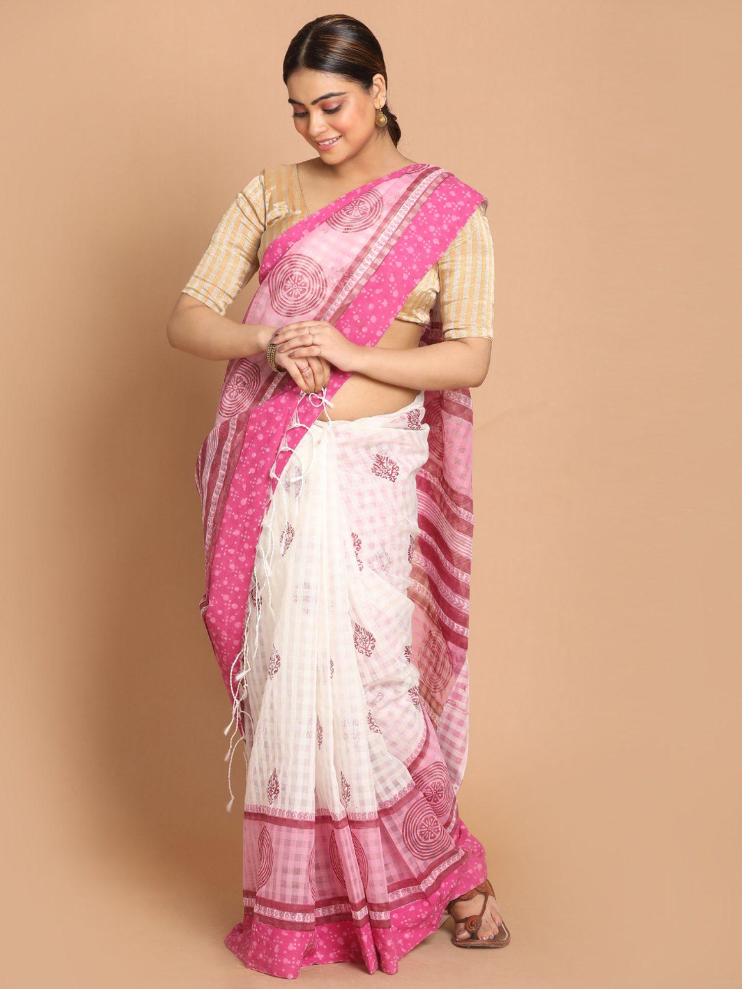 pink checks cotton blend saree with unstitched blouse