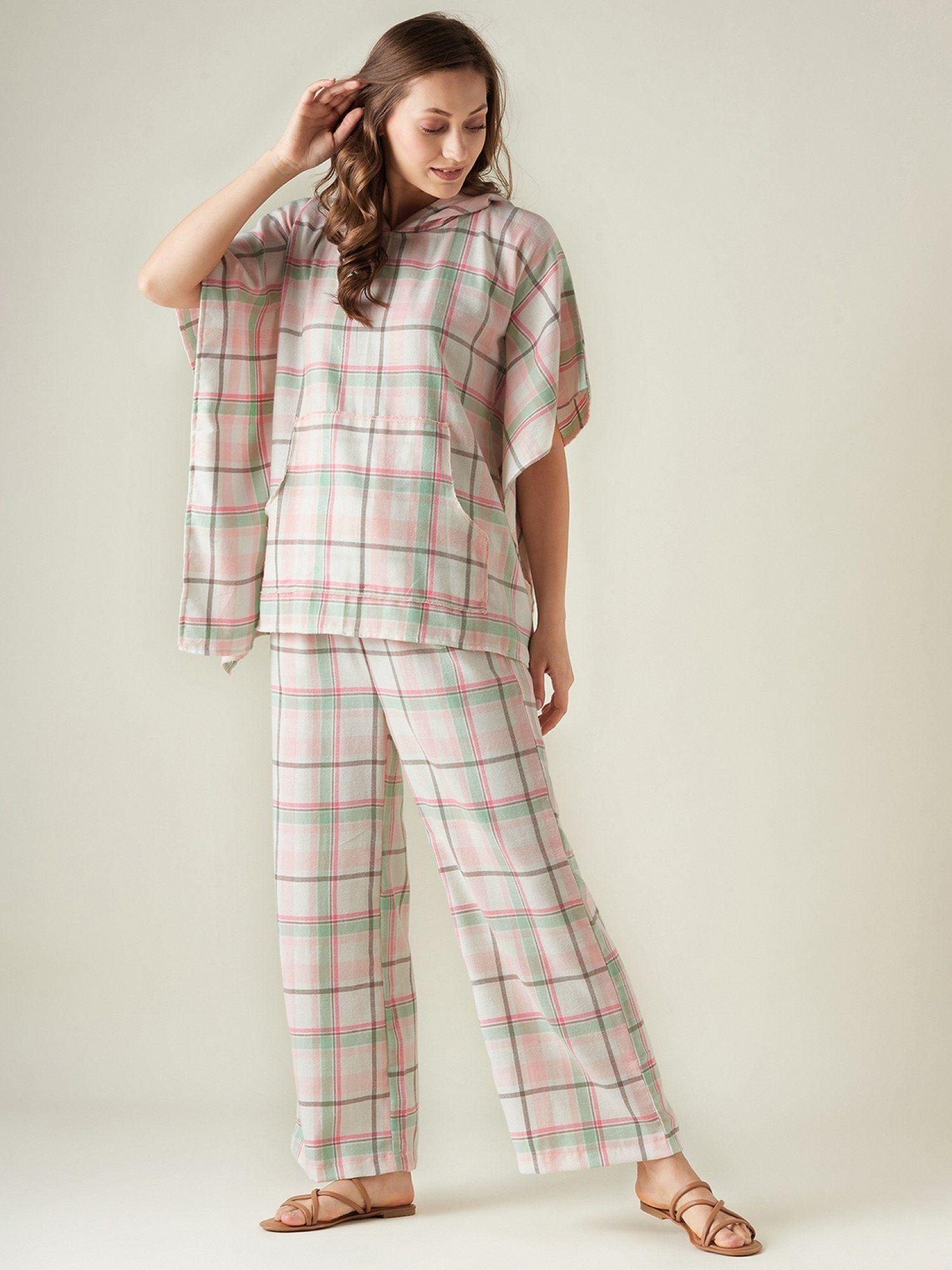 pink checks hooded kaftan and pyjama (set of 2)