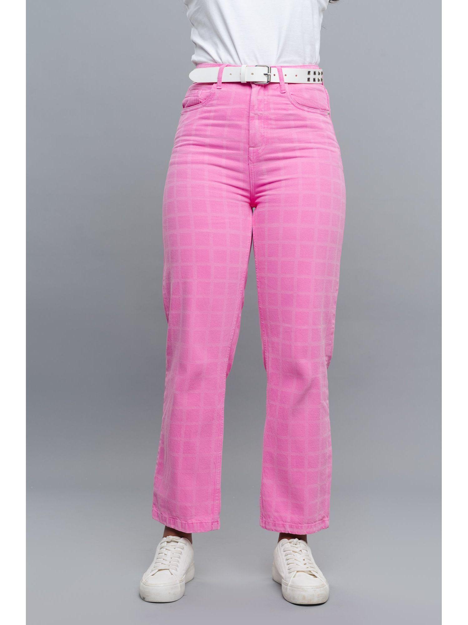 pink checks straight jeans