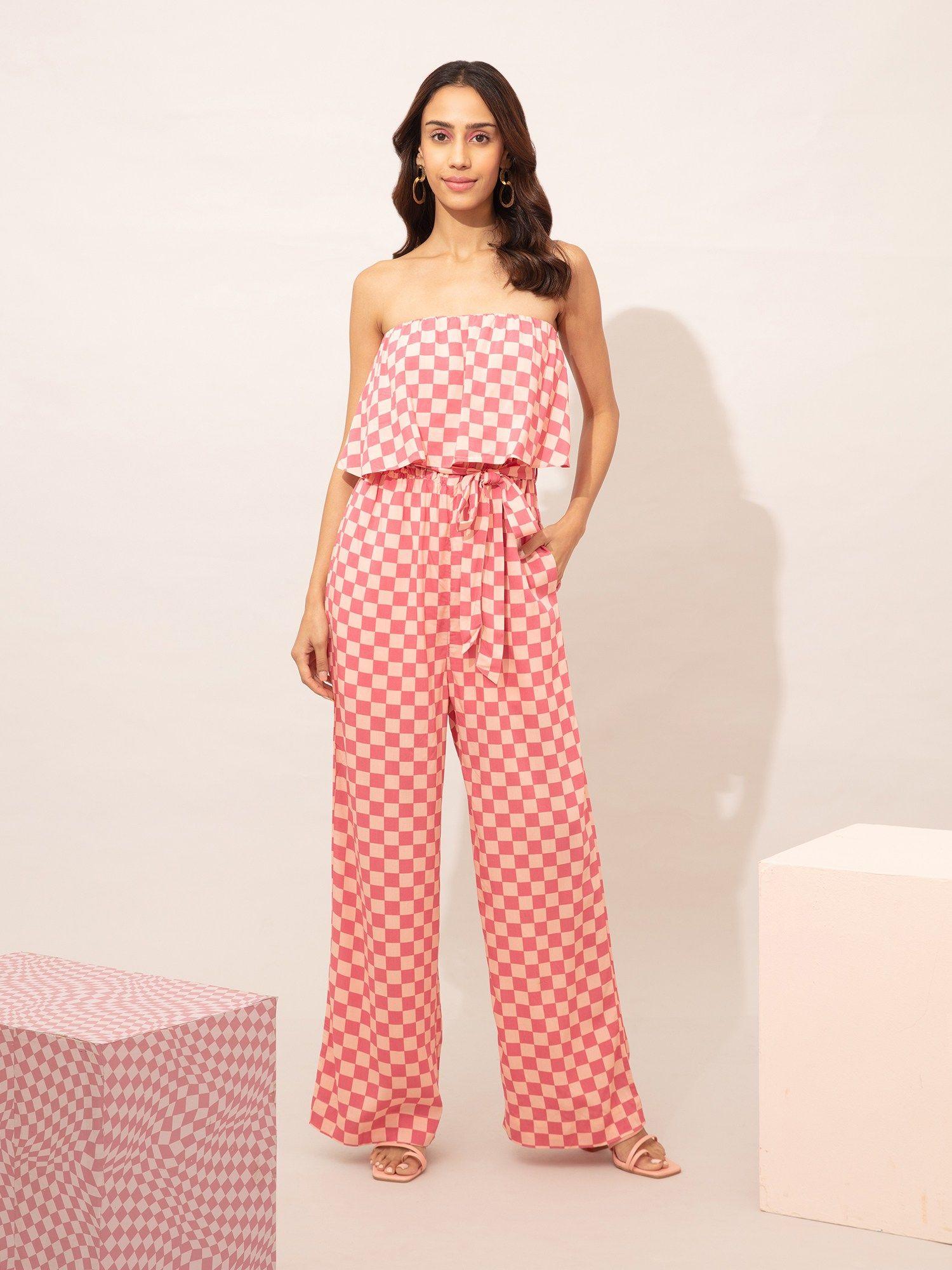pink checks wide leg tube jumpsuit with belt