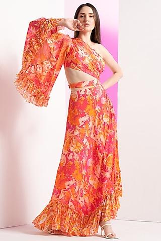 pink chiffon & crepe asymmetric dress