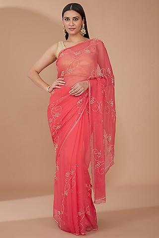 pink chiffon cutdana embellished handcrafted saree set
