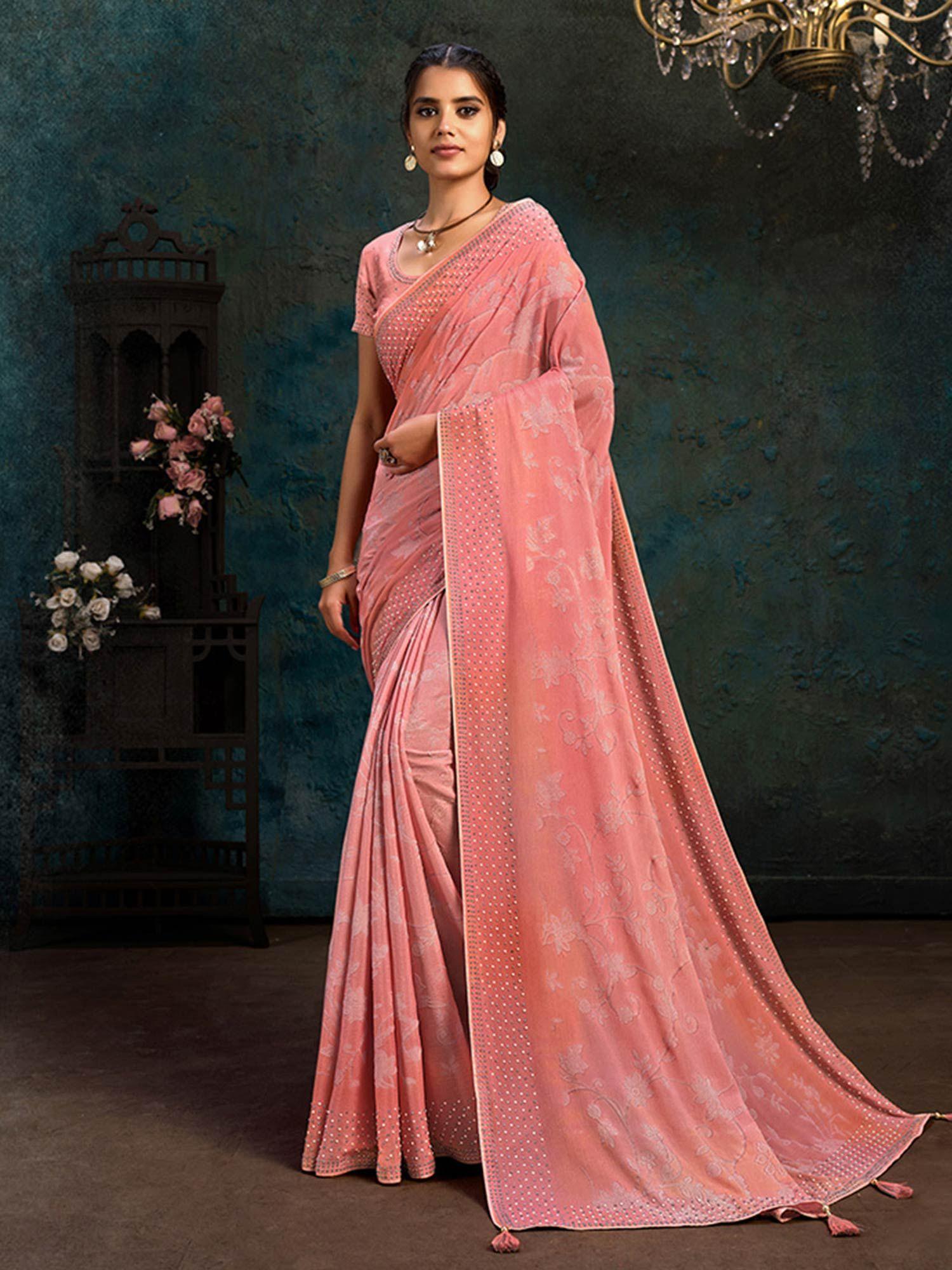 pink chiffon designer saree with unstitched blouse