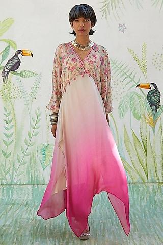 pink chiffon embroidered ombre kurta set