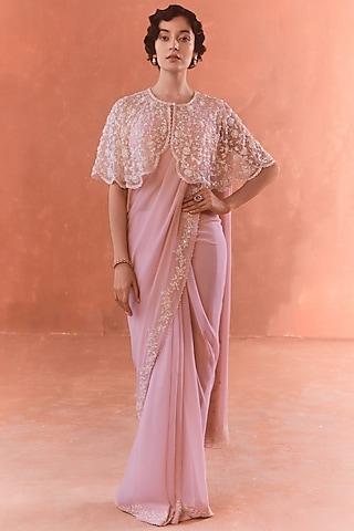 pink chiffon embroidered poncho saree set