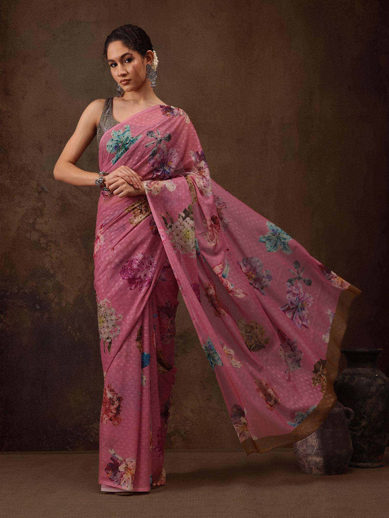 pink chiffon floral digital print floral saree with unstitched blouse