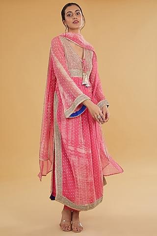 pink chiffon foil printed tie & dye kurta set