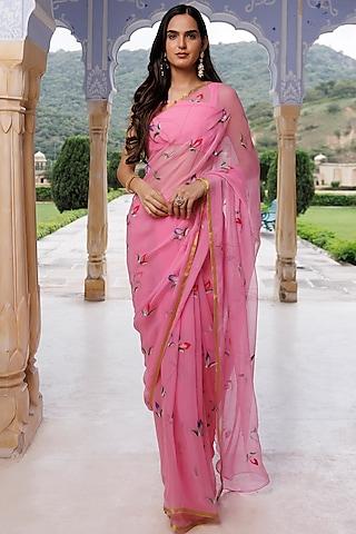 pink chiffon hand-painted saree set