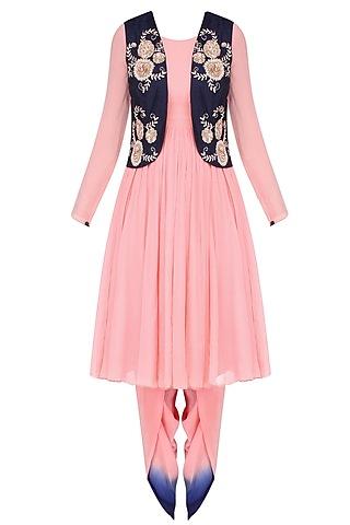 pink chiffon kurta with blue embroidered gilet and dhoti