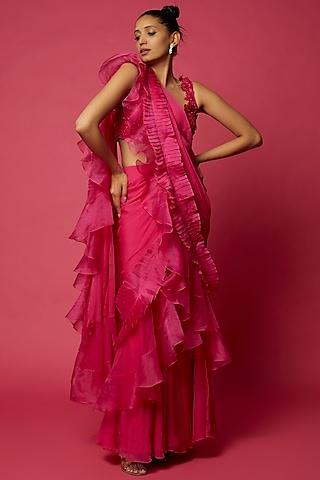 pink chiffon organza draped ruffle saree set
