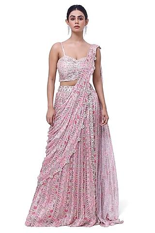 pink chiffon printed & embellished draped saree set