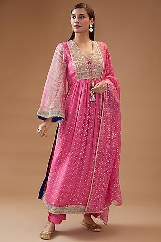 pink chiffon printed & embroidered kurta set