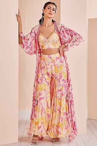 pink chiffon printed cape set