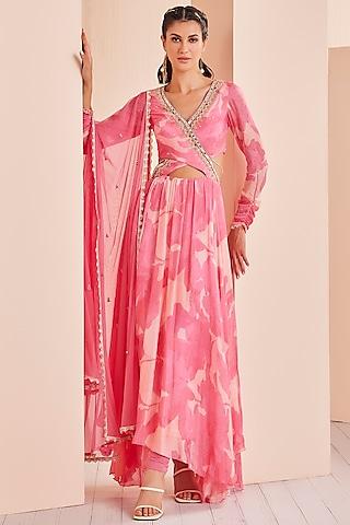 pink chiffon printed cut-out anarkali set