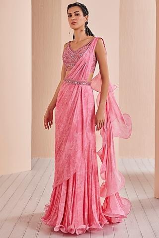 pink chiffon printed draped saree set