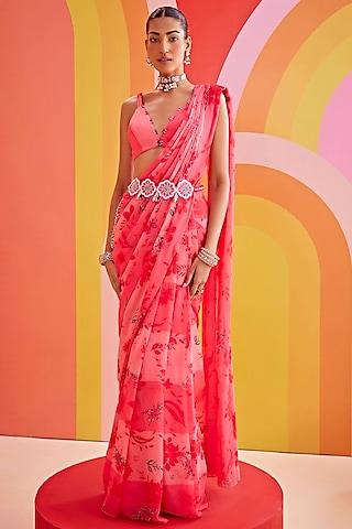 pink chiffon printed pre-draped saree set
