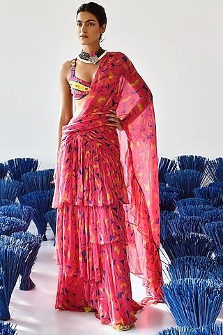 pink chiffon ruffled pre-stitched saree set