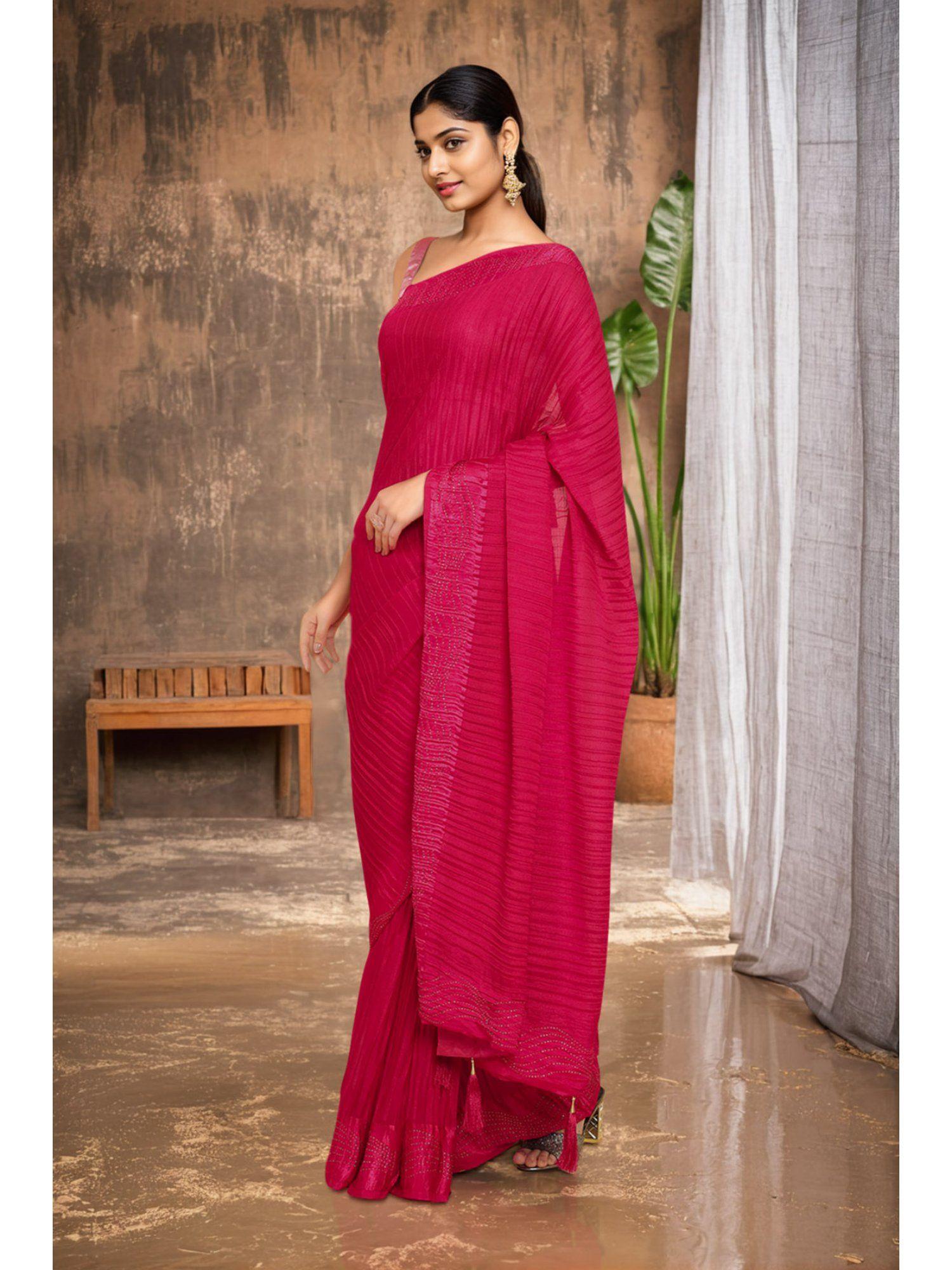 pink chiffon saree & stone embellished borders with unstitched blouse